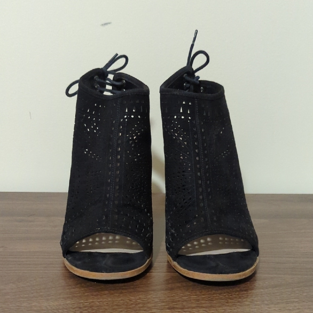 Fergalicious Women’s Black Peep-Toe Laser-Cut Ankle Booties